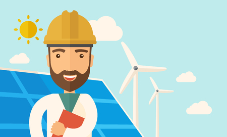 A man wearing hardhat smiling under the heat of the sun with solar panels and windmills. A Contemporary style with pastel palette, soft blue tinted background with desaturated clouds. Vector flat design illustration. Horizontal layout.のイラスト素材