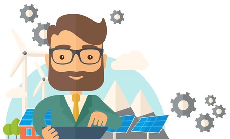 A mid adult male engineer holding a blueprint in a solar panel. A Contemporary style with pastel palette, soft beige tinted background. Vector flat design illustration. Horizontal layout with text space in right sideのイラスト素材
