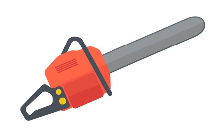 A heavy duty chainsaw used to cut, trim trees and firewood. A Contemporary style. Vector flat design illustration isolated white background. Horizontal layout.のイラスト素材