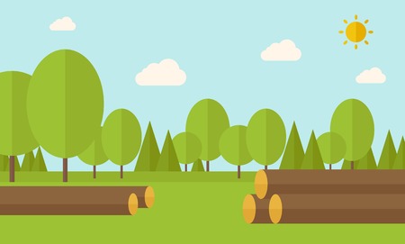 Pile of drywood sorrounded by a trees. A Contemporary style with pastel palette, soft blue tinted background with desaturated clouds. Vector flat design illustration. Horizontal layout.のイラスト素材