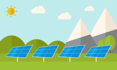 Four solar panels standing under the heat of the sun use for energy alternative. A Contemporary style with pastel palette, soft blue tinted background with desaturated clouds. Vector flat design illustration. Horizontal layout.のイラスト素材