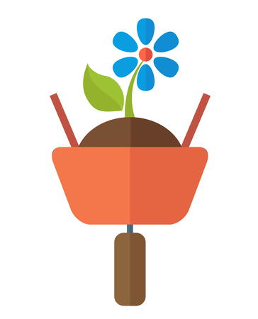 A wheelbarrow with soil and flower plant. A Contemporary style. Vector flat design illustration isolated white background. Vertical layout.のイラスト素材