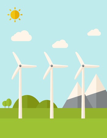 Three windmills standing under the heat of the sun. A Contemporary style with pastel palette, soft blue tinted background with desaturated clouds. Vector flat design illustration. Vertical layout.のイラスト素材