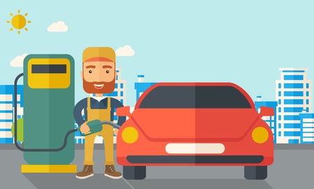 A happy hipster gasoline boy filling up fuel into the car. A Contemporary style with pastel palette, soft blue tinted background with desaturated clouds. Vector flat design illustration. Horizontal layout.のイラスト素材