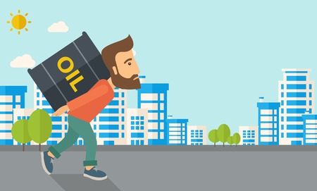 A businessman walking while carrying a heavy barrel of oil for delivery. A Contemporary style with pastel palette, soft blue tinted background with desaturated clouds. Vector flat design illustration. Horizontal layout.のイラスト素材