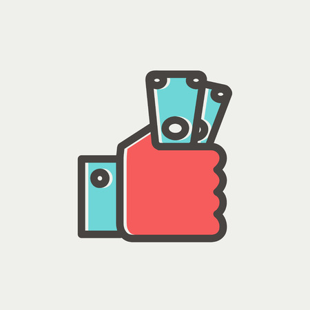 Money in hand icon thin line for web and mobile, modern minimalistic flat design. Vector icon with dark grey outline and offset colour on light grey background.のイラスト素材