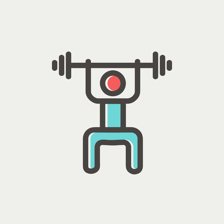 Weightlifter man with barbell icon thin line for web and mobile, modern minimalistic flat design. Vector icon with dark grey outline and offset colour on light grey background.のイラスト素材