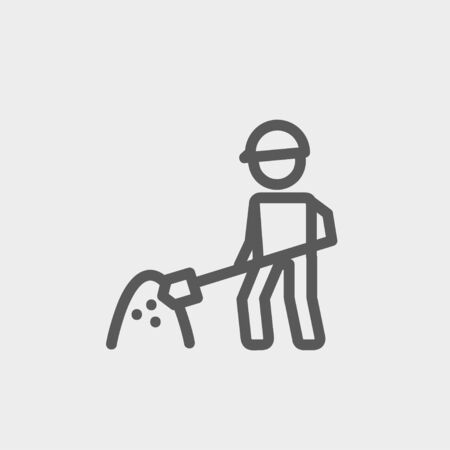 Worker with hard hat and shovel in building site icon thin line for web and mobile, modern minimalistic flat design. Vector dark grey icon on light grey background.のイラスト素材