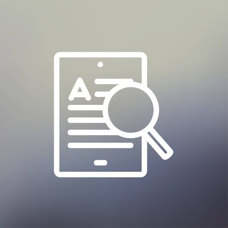 Tablet and magnifying glass searching network icon thin line for web and mobile, modern minimalistic flat design. Vector white icon on gradient mesh background.のイラスト素材