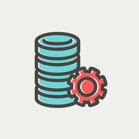 Server with gear icon thin line for web and mobile, modern minimalistic flat design. Vector icon with dark grey outline and offset colour on light grey background.のイラスト素材