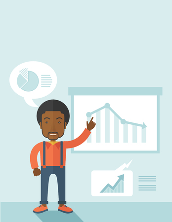 A finance officer with his presentation that shows in a graph the arrow from top going down. A contemporary style with pastel palette soft blue tinted background. Vector flat design illustration. Vertical layout with text space on top part.のイラスト素材