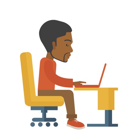 A black american sitting infront of the computer looking for a job online. A Contemporary style. Vector flat design illustration isolated white background. Square layoutのイラスト素材