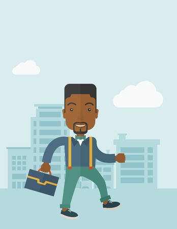A Young businessman walking through the citys streets to attend a business meeting carrying a briefcase. A contemporary style with pastel palette soft blue tinted background with desaturateds clouds. Vector flat design illustration. Vertical layout with tのイラスト素材