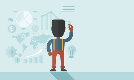 An african-american looking finance officer facing backward with his presentation, a graph, pie chart, dollar coin and map on the boardのイラスト素材