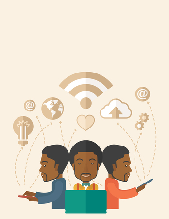 A black businessmen using different kind of modern technology with internet wifi, bulb, cloud with downloading symbol, global and gear in the picture. Business concept. A Contemporary style with pastel palette, soft beige tinted background. Vector flat deのイラスト素材