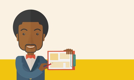 A handsome black guy wearing blue jacket holding his clipboard with paper where he wrote his report happily presenting his marketing plan. Marketing strategy concept. A Contemporary style with pastel palette, soft beige tinted background. Vector flat desiのイラスト素材