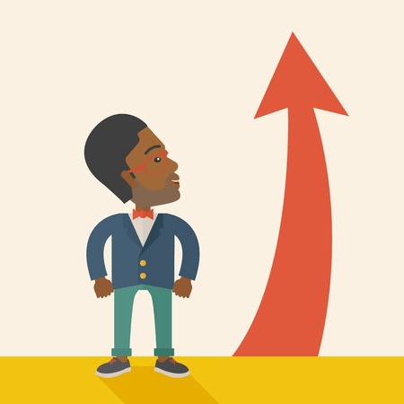 An african-american businessman standing beside the red arrow pointing up. Successful business concept. A Contemporary style with pastel palette, soft beige tinted background. Vector flat design illustration. Square layout.のイラスト素材