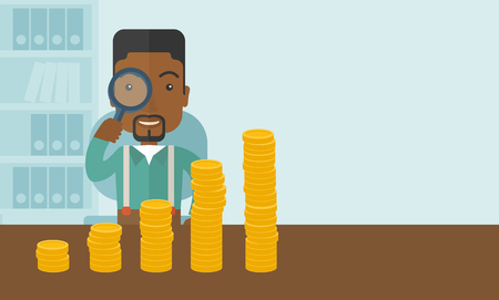 A black man looking his growing business in financial crisis concept. Economy and money, coin and success. A contemporary style with pastel palette soft blue tinted background. Vector flat design illustration. Horizontal layout with text space in right siのイラスト素材