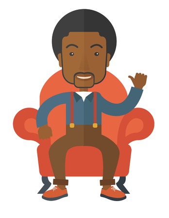 A successful african businessman with beard smiling while sitting like a king. Achievement concept. A Contemporary style . Vector flat design illustration isolated white background. Vertical layout.のイラスト素材