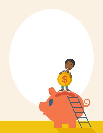 A young black guy saving his money by putting a coin in big piggy bank using a ladder. Saving concept. A Contemporary style with pastel palette, soft beige tinted background. Vector flat design illustration. Vertical layout with text space on top part.のイラスト素材