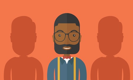 A happy african-american businessman with his two shadows. A Contemporary style with pastel palette, orange tinted background. Vector flat design illustration. Horizontal layout.のイラスト素材