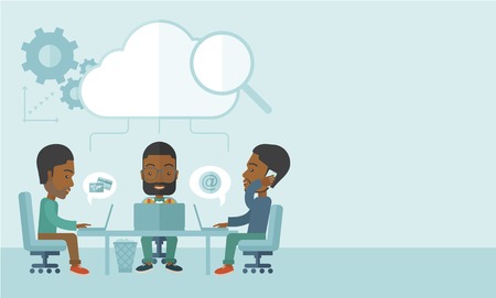 Three outstanding black employees discussing and sharing brilliant ideas, gathering information, preparing for their marketing plan presentation using their laptops. Teamwork concept. A Contemporary style with pastel palette, soft blue tinted background. のイラスト素材