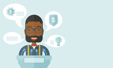 A black speaker stands behind a podium with microphones makes a business report  and marketing strategy inside the conference room. Presentation, reporting concept. A Contemporary style with pastel palette, soft blue tinted background. Vector flat design のイラスト素材