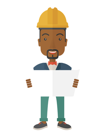 A young african-american engineer holding while reviewing the construction plan. A Contemporary style. Vector flat design illustration isolated white background. Vertical layout.のイラスト素材