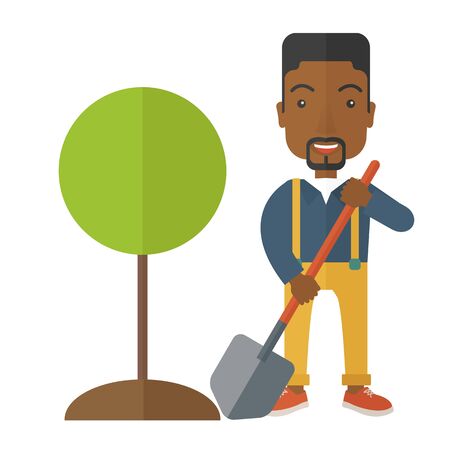 A happy african gardener planting a tree using in his yard using shovel under the heat of the sun. A Contemporary style. Vector flat design illustration isolated white background. Square layout.のイラスト素材