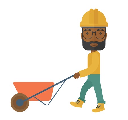 A black male gardener wearing hard hat pushing a wheelbarrow. A Contemporary style. Vector flat design illustration isolated white background. Square layoutのイラスト素材