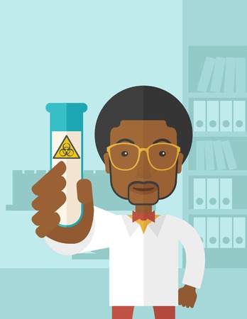 A young african-american scientists experimenting with glass tube inside the laboratory. A Contemporary style with pastel palette, soft blue tinted background. Vector flat design illustration. Vertical layout with text space on top part.のイラスト素材