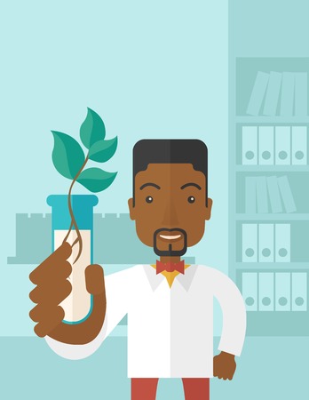 A black guy chemist holding a test tube with eco leaves. A Contemporary style with pastel palette, soft blue tinted background. Vector flat design illustration. Vertical layout with text space on top part.のイラスト素材