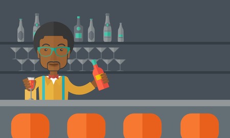 A young black bartender preparing a mixed drinks at a bar, several bottles of alcohol and wine glass behind him. A contemporary style with pastel palette black tinted background. Vector flat design illustration. Horizontal layout with text space in right のイラスト素材