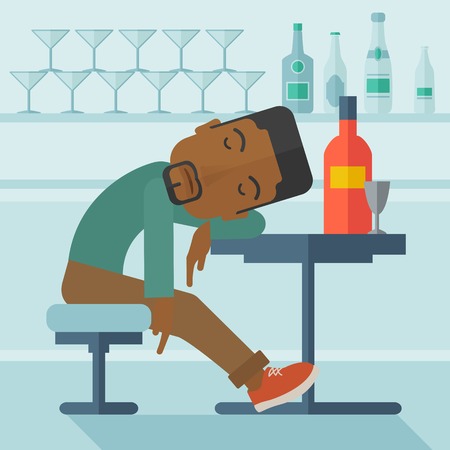 An african drunk man sitting fall asleep on the table with a bottle of beer inside the pub. Over drink concept. A contemporary style with pastel palette soft blue tinted background. Vector flat design illustration. Square layoutのイラスト素材