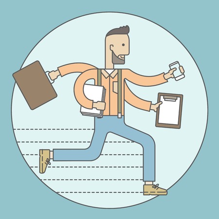 The man with a beard doing a lot of things at the same time. The multitasking concept. Vector flat design Illustration.のイラスト素材