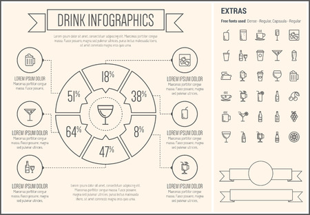 Drink infographic template and elements. The template includes the following set of icons - coffe, juice, water, cold, ice, hot, choco, cocktail, beer, cherry, tea, soda and more. Modern minimalistic flat thin line vector design. Beige background with greのイラスト素材