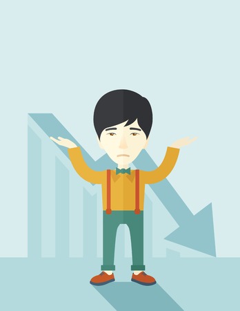 A sad asian guy raising his two arms surrendering causing of his failed business. Graph arrow down, shares fall. Unsuccessful business concept. A contemporary style with pastel palette soft blue tinted background. Vector flat design illustration. Verticalのイラスト素材