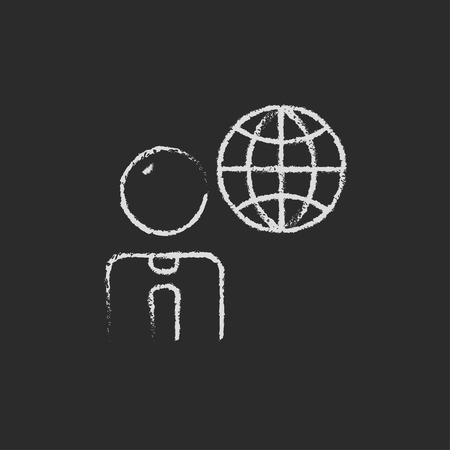Businessman with global hand drawn in chalk on a blackboard vector white icon on a black backgroundのイラスト素材