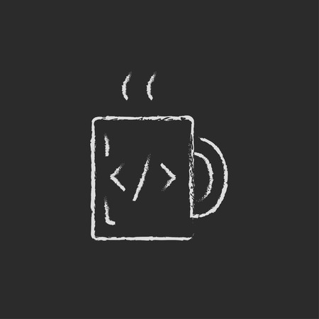 Mug with hot coffee hand drawn in chalk on a blackboard vector white icon on a black backgroundのイラスト素材