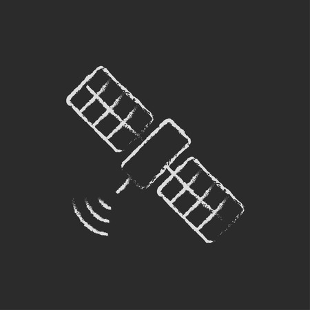 Satellite hand drawn in chalk on a blackboard vector white icon on a black backgroundのイラスト素材