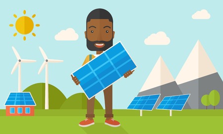 A happy african young man standing while holding a solar panel under the heat of the sun. A Contemporary style with pastel palette, soft blue tinted background with desaturated clouds. Vector flat design illustration. Horizontal layout.のイラスト素材
