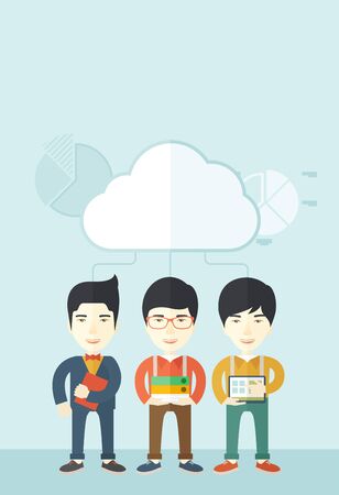 Three asian men standing under the cloud holding book files, notebook and tablet ready for their business presentation. A contemporary style with pastel palette soft blue tinted background with desaturated clouds. Vector flat design illustration. Verticalのイラスト素材