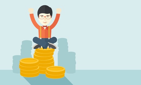A proud asian businessman sitting on a pile of dollar coins. Successful concept. A contemporary style with pastel palette soft blue tinted background. Vector flat design illustration. Horizontal layout with text space in right side.のイラスト素材