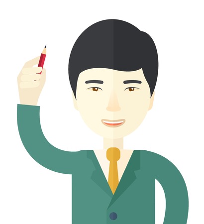 A chinese man holding a pen making his presentation. Teamleader concept. A Contemporary style. Vector flat design illustration isolated white background. Square layoutのイラスト素材