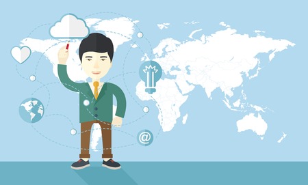 A chinese businessman holding a pen making his presentation on glass board to be represent to his co worker. Teamleader concept.  A Contemporary style with pastel palette, soft blue tinted background. Vector flat design illustration. Horizontal layout.のイラスト素材