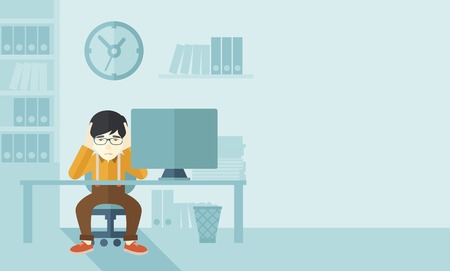 An overworked japanese businessman sitting infront of computer holding his head by two hands, under stress causing a headache. Unhappy concept. A contemporary style with pastel palette soft blue tinted background. Vector flat design illustration. Horizontのイラスト素材