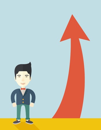 An asian businessman standing beside the red arrow pointing up. Successful business concept. A Contemporary style with pastel palette, soft blue tinted background. Vector flat design illustration. Vertical layout.のイラスト素材