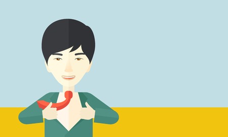 A happy working chinese man want to change his clothes as to change his position in the company. Successful concept. A Contemporary style with pastel palette, soft blue tinted background. Vector flat design illustration. Horizontal layout with text space のイラスト素材