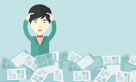 A japanese employee has a lot to do work with those papers around him and having a problem on how to meet the deadline of his report. Disappointment Concept. A contemporary style with pastel palette soft blue tinted background. Vector flat design illustraのイラスト素材
