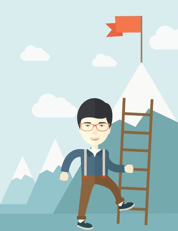 A chinese businessman standing while holding the career ladder getting the red flag a step to reach his goal to be a successful businessman. Leadership concept. A contemporary style with pastel palette soft blue tinted background with desaturated clouds. のイラスト素材